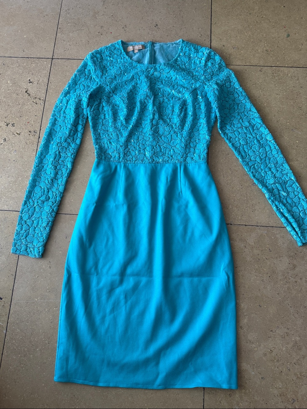 Michael Kors Collection Turquoise Lace-Bodice Long-Sleeve Midi Dress